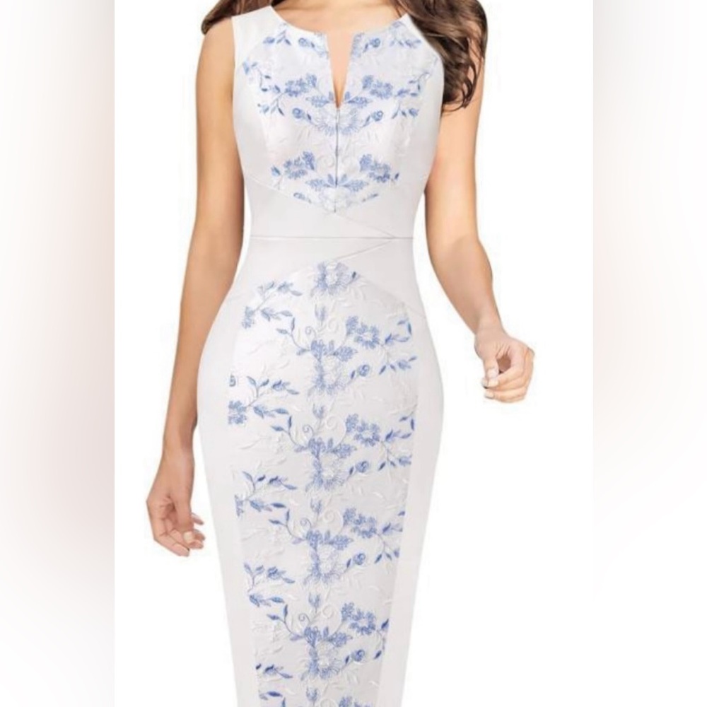 BRAND NEW VFSHOW Front Zipper Slim Pencil Dress White& Blue Floral Embroidery